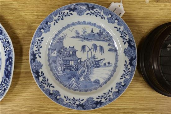 Three Chinese blue and white dishes and a famille rose bowl largest measurement 24cm diameter